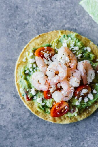 Shrimp Guacamole Tostadas! Gluten-free and perfect as a quick and healthy lunch, dinner, or appetizer!