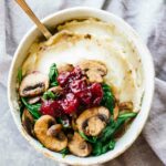 Slow Cooker Mashed Potatoes & Cranberry Mushroom Sauce! Vegan, vegetarian, gluten-free, and perfect for thanksgiving or a fall weeknight meal!