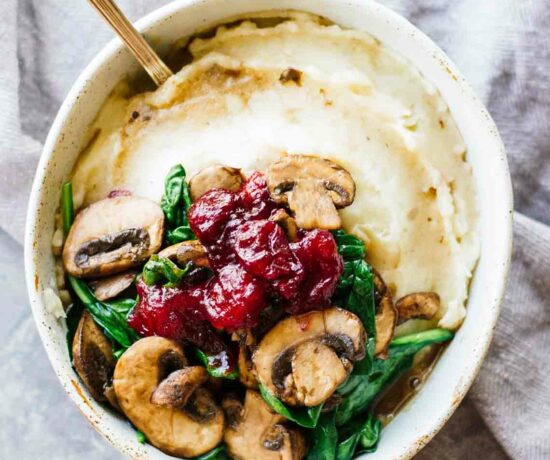Slow Cooker Mashed Potatoes & Cranberry Mushroom Sauce! Vegan, vegetarian, gluten-free, and perfect for thanksgiving or a fall weeknight meal!