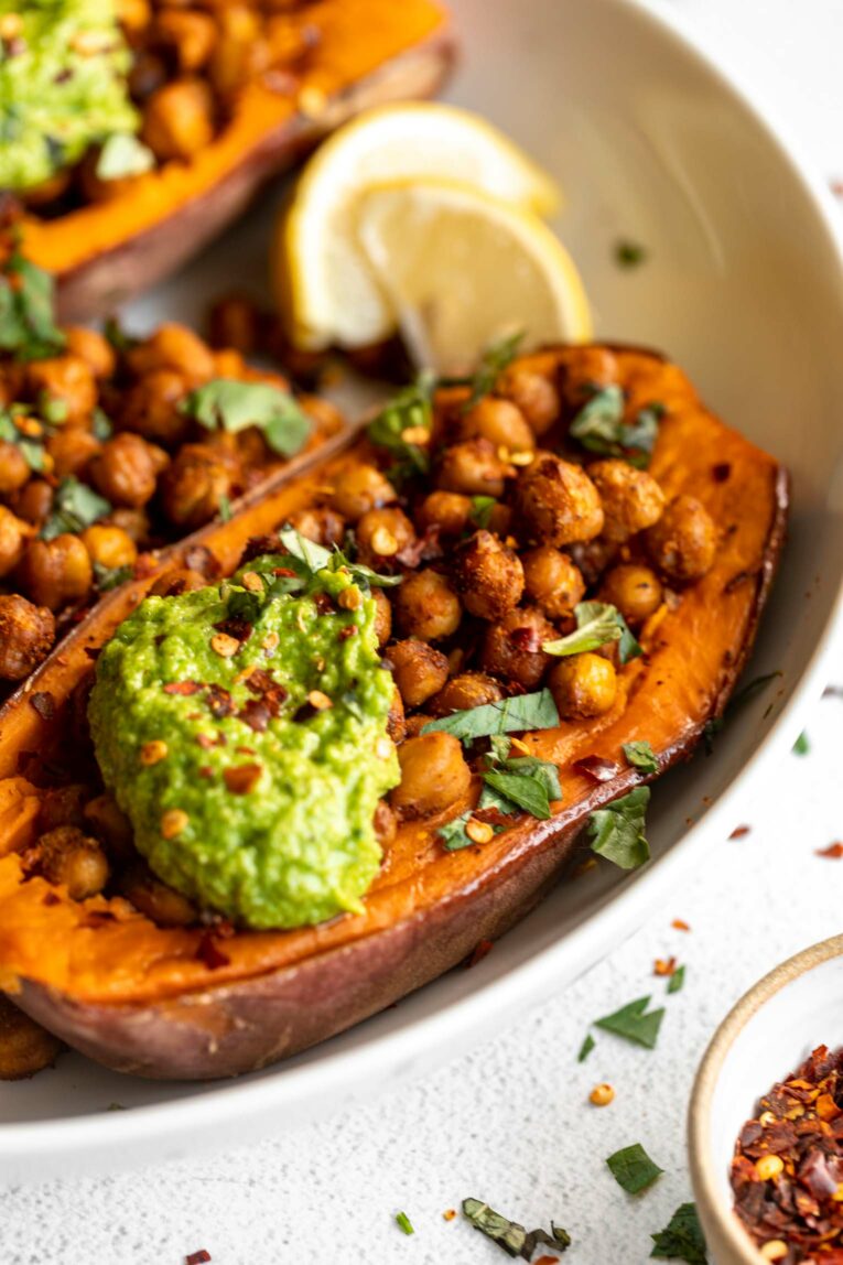 Baked Sweet Potatoes Stuffed with Chickpeas & Broccoli Pesto