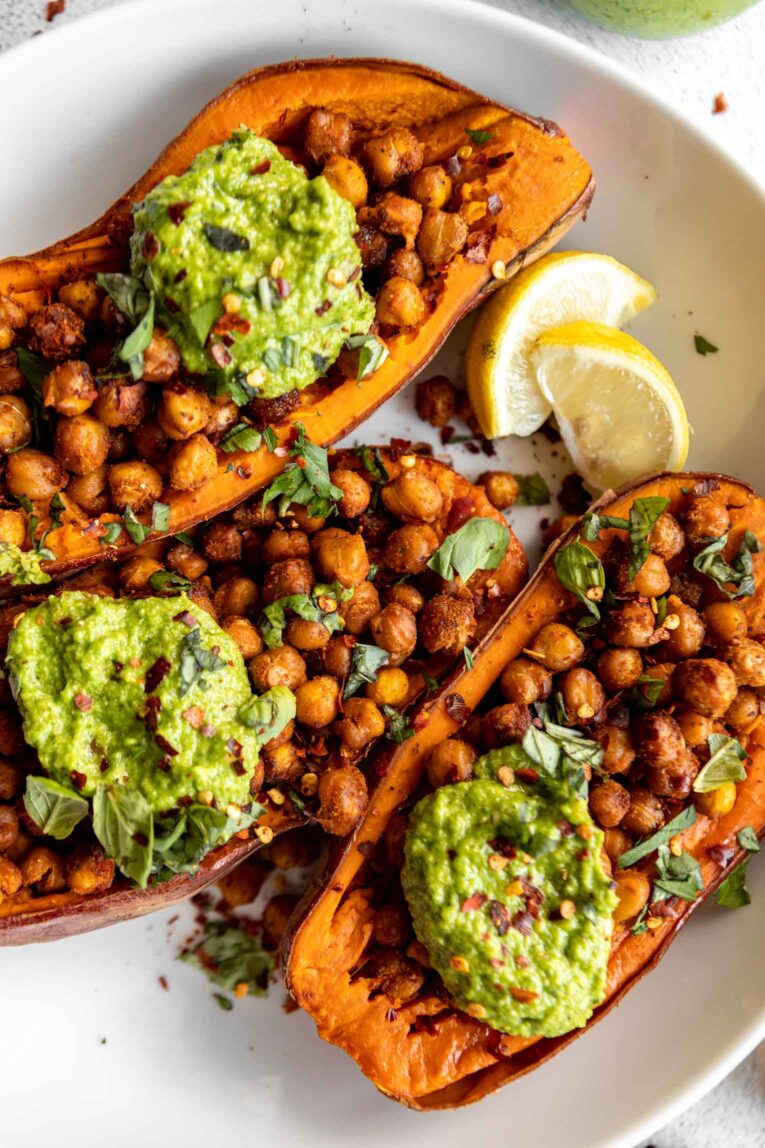Baked Sweet Potatoes w/ Chickpeas & Broccoli Pesto! Vegan, vegetarian, gluten-free, and under 30 minutes.