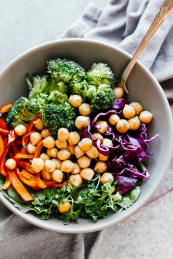 Broccoli & Chickpea Rainbow Power Bowls! Vegan, vegetarian, gluten free, and grain free. Under 30 minutes and super easy to make!