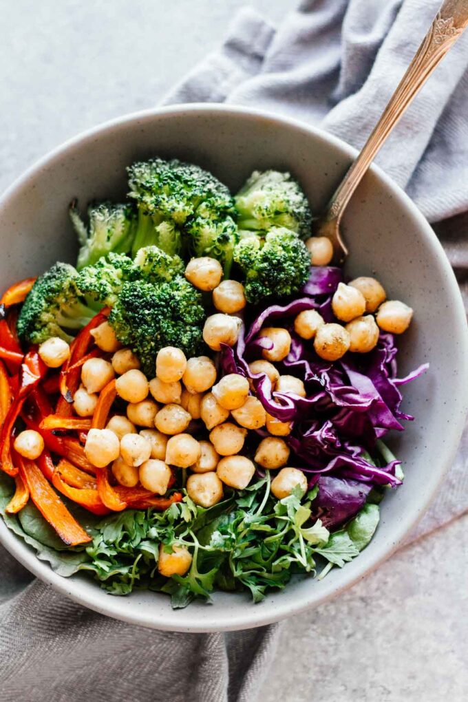 Broccoli & Chickpea Rainbow Power Bowls! Vegan, vegetarian, gluten free, and grain free. Under 30 minutes and super easy to make!