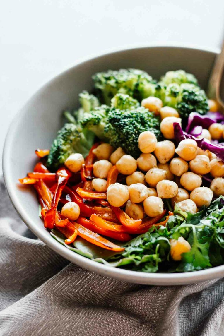 Broccoli & Chickpea Rainbow Power Bowls in a grey bowl.