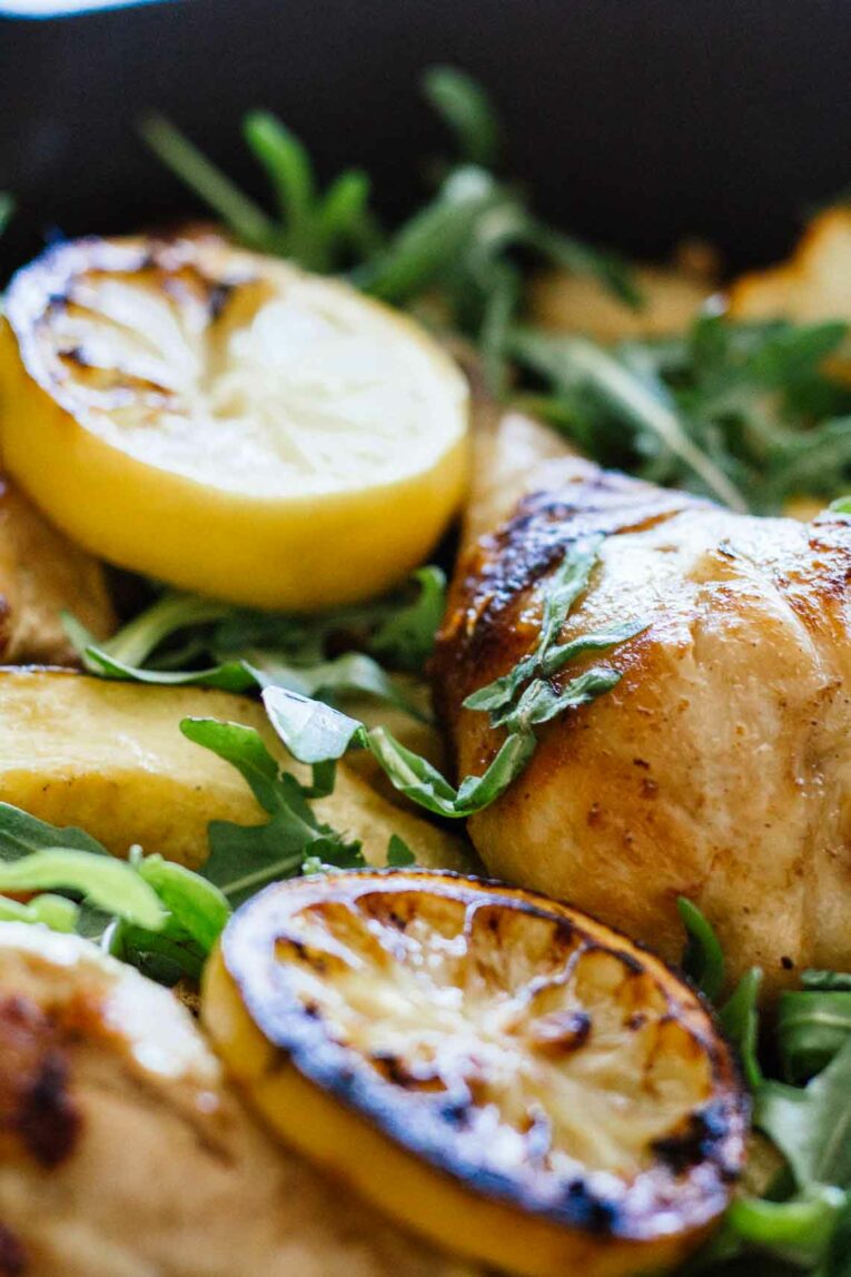close up shot of Chicken, Acorn Squash, and Arugula! 