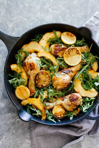 One-Skillet Chicken Thighs, Acorn Squash, and Arugula!