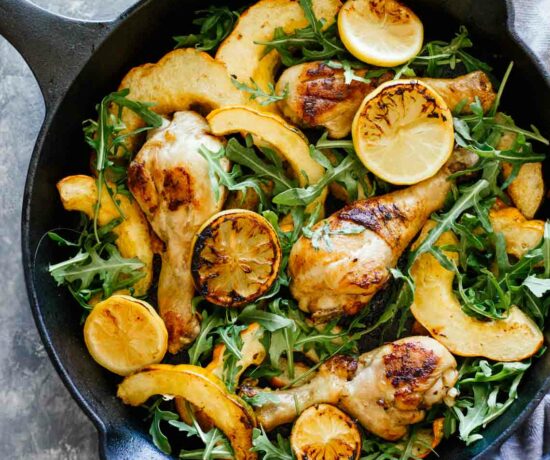 One-Skillet Chicken Thighs, Acorn Squash, and Arugula!