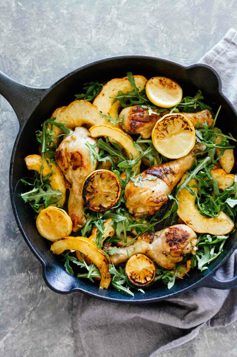 One-Skillet Chicken Thighs, Acorn Squash, and Arugula!