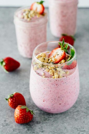 Strawberry Banana Chia Seed Smoothie! High in protein, vegetarian, gluten free, and so easy to make!