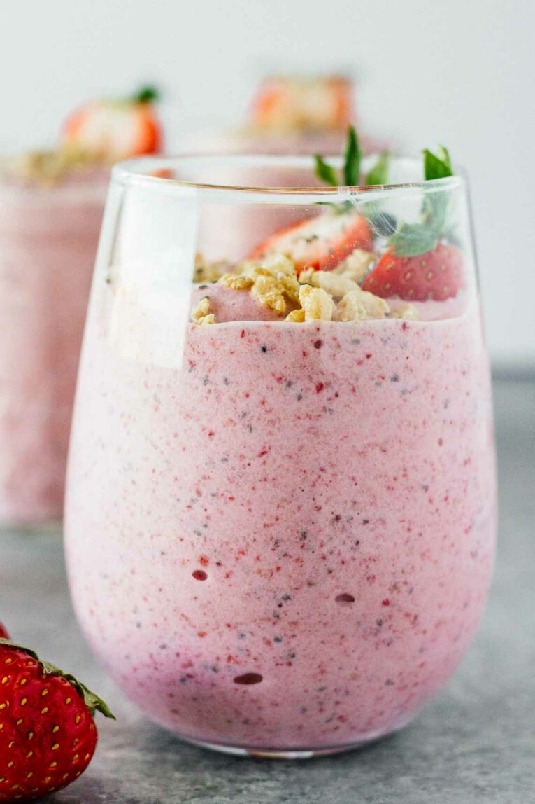 Strawberry Banana Chia Seed Smoothie in a glass.