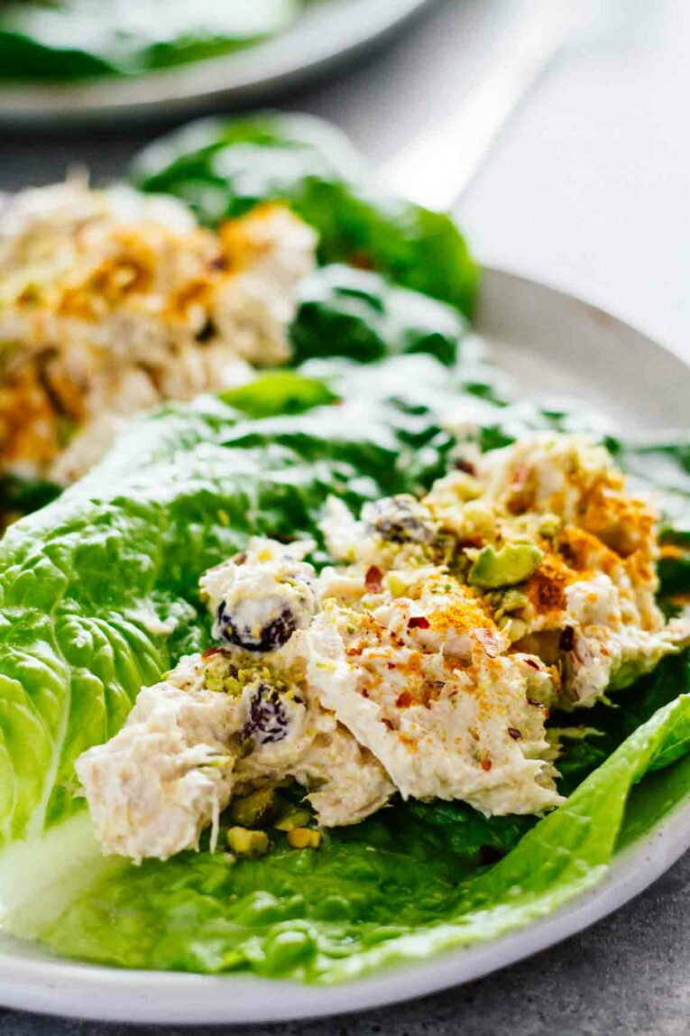 Close up shot of Turmeric Greek Yogurt Chicken Salad Lettuce Wraps!