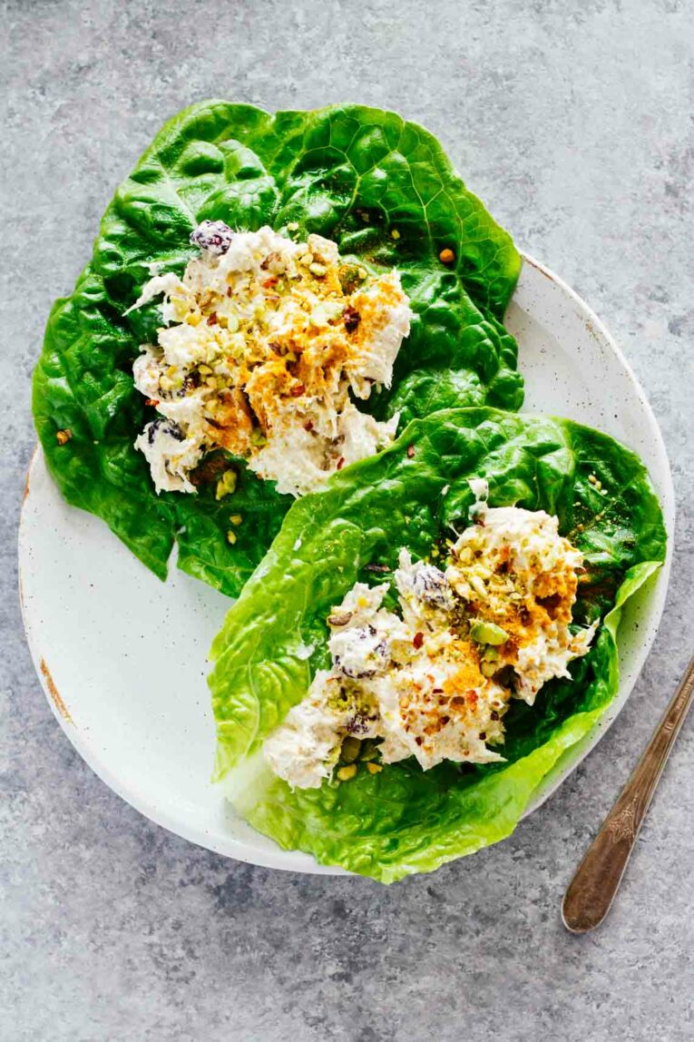 Turmeric Greek Yogurt Chicken Salad Lettuce Wraps served on a plate.