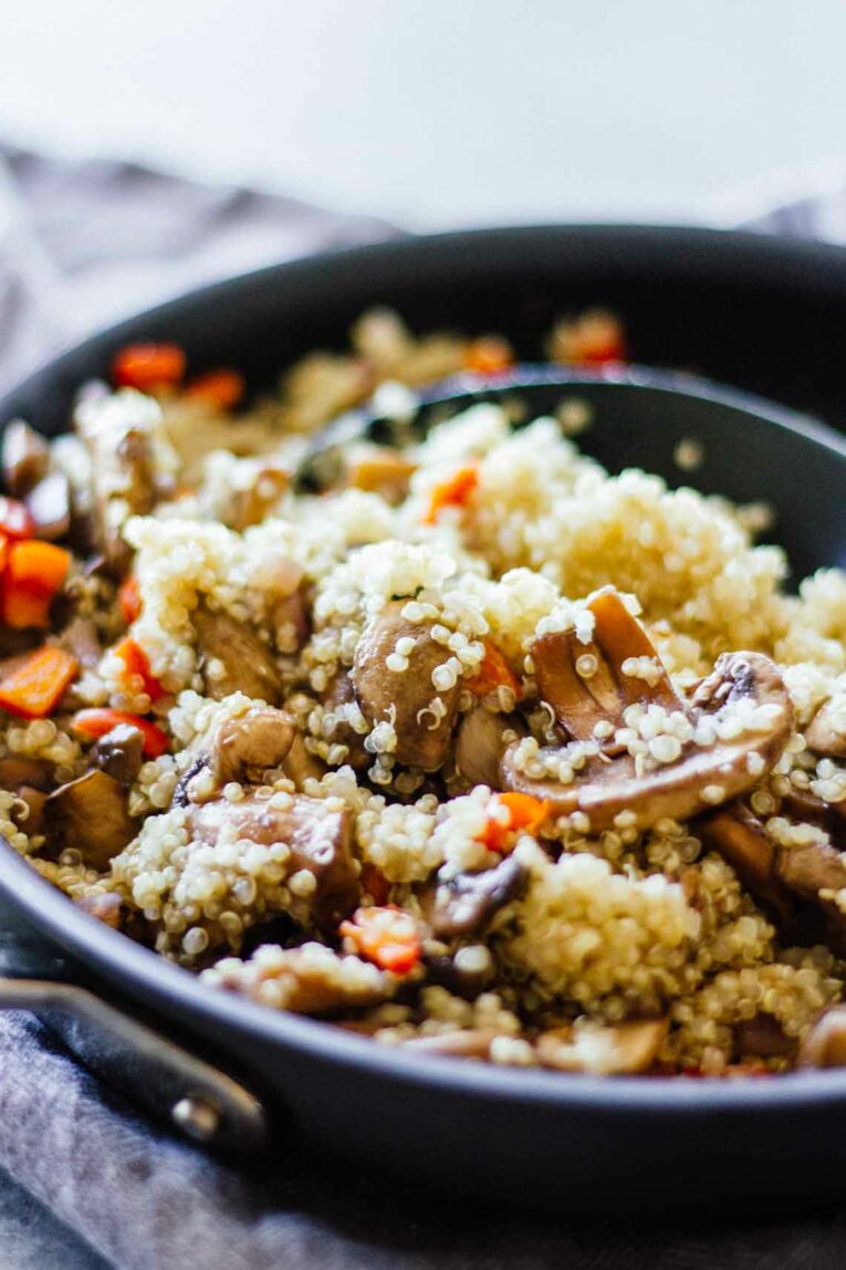 Quinoa & Mushrooms cooking in a skillet