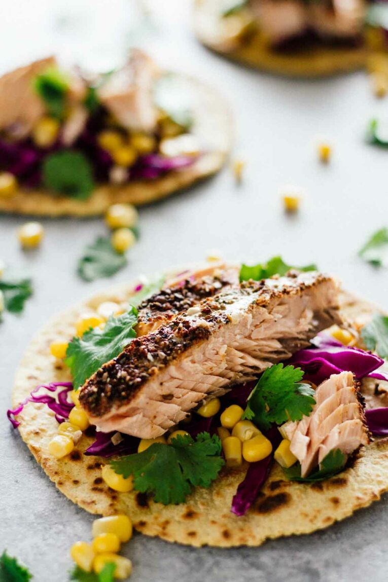 Close up shot of 30-Minute Blackened Salmon Tacos