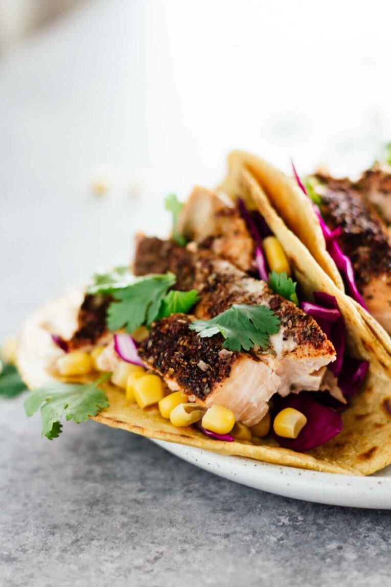 Close up shot of 30-Minute Blackened Salmon Tacos!