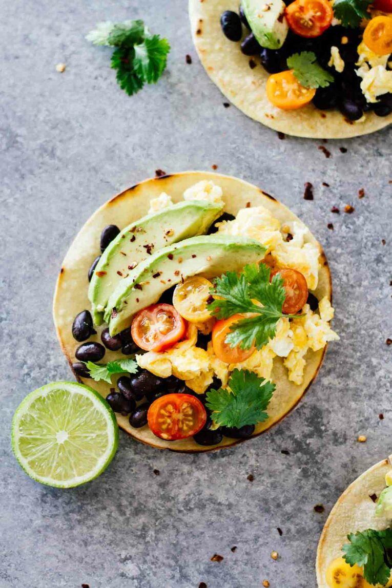The BEST Healthy Breakfast Tacos! Vegetarian, gluten free, and only take 15 minutes to make.
