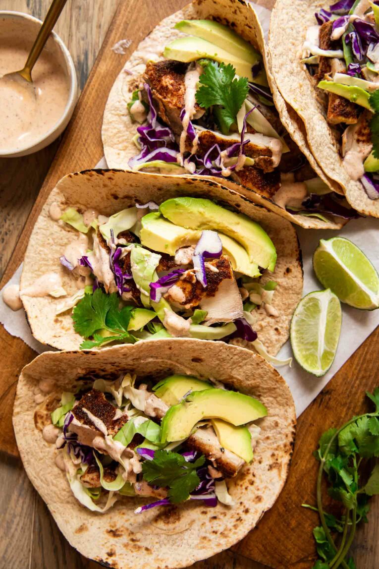 Baked Mahi-Mahi Tacos! Easy to make and gluten free! (top shot)