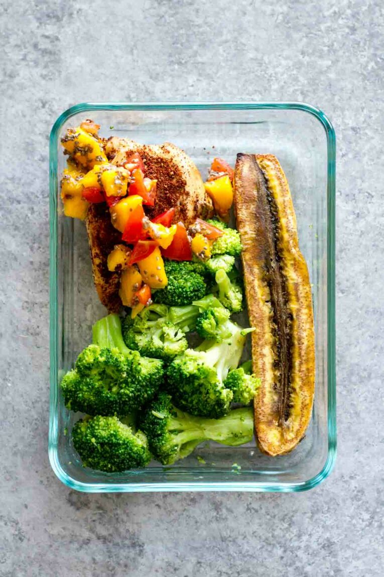 Jerk Chicken Meal Prep Bowls with fried plantain and broccoli.