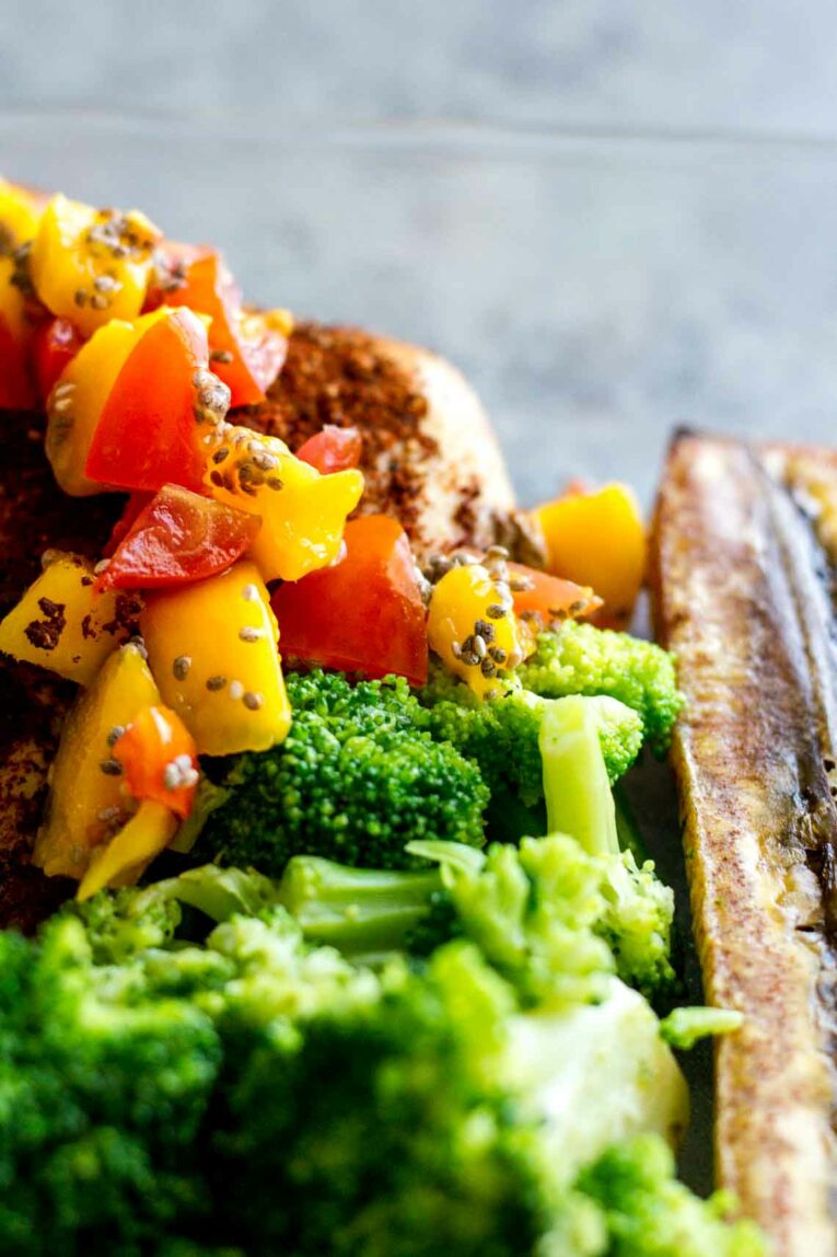 Close up of Paleo Slow Cooker Jerk Chicken Meal Prep Bowls!