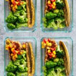 Top shot of Paleo Slow Cooker Jerk Chicken Meal Prep Bowls!