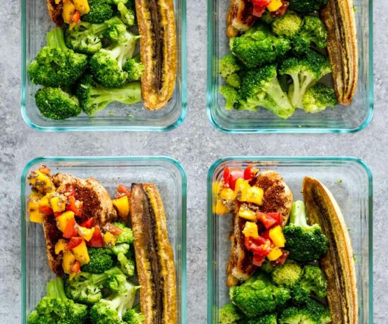 Top shot of Paleo Slow Cooker Jerk Chicken Meal Prep Bowls!