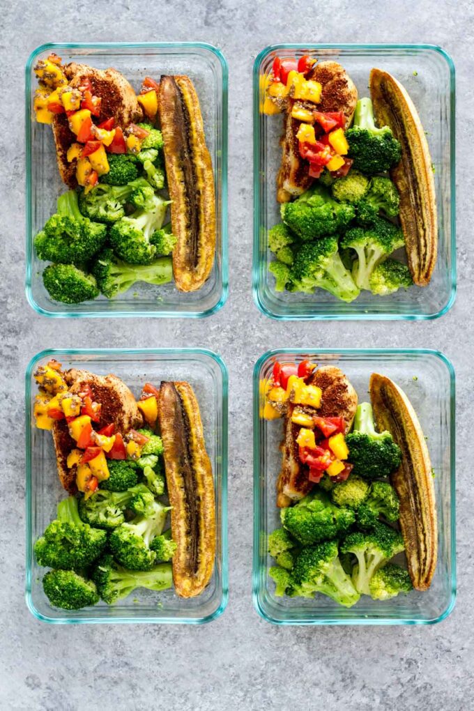 Top shot of Paleo Slow Cooker Jerk Chicken Meal Prep Bowls!