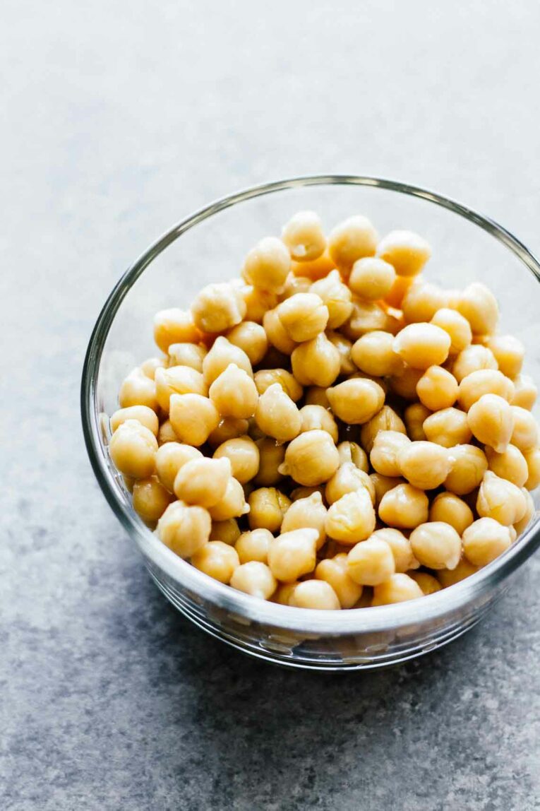 Chickpeas for hummus in a glass bowl