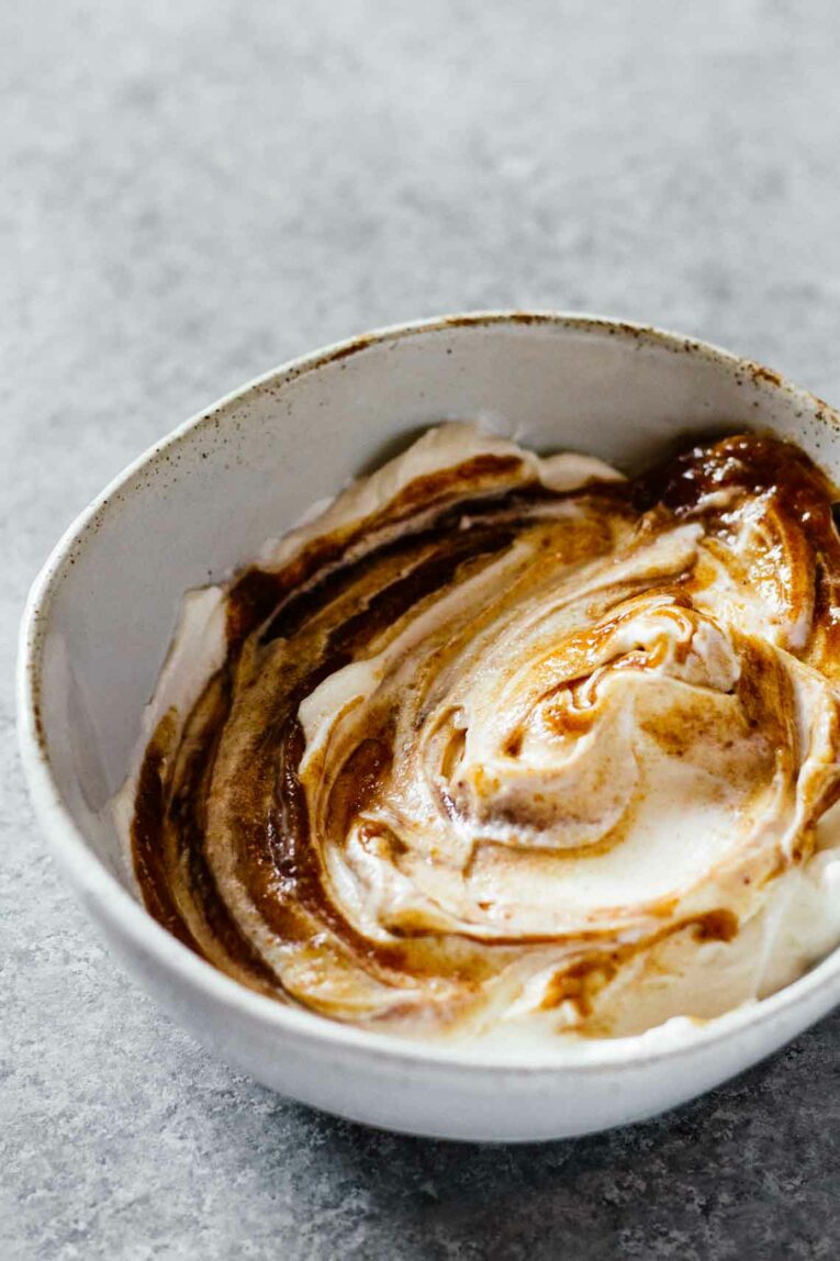 yogurt and date caramel in a small bowl
