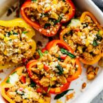 Spicy Southwest Whole30 Stuffed Peppers in a casserole dish