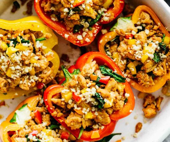 Spicy Southwest Whole30 Stuffed Peppers in a casserole dish