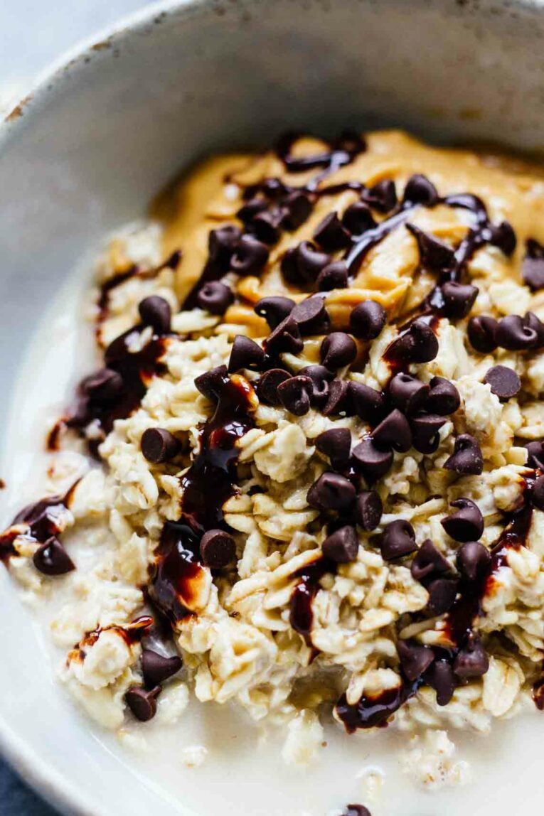 Close up of Chocolate Peanut Butter Overnight Oats!