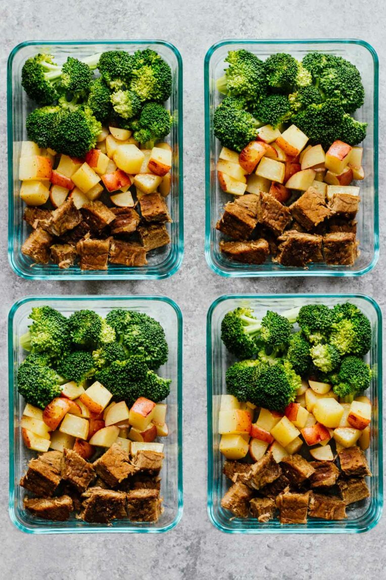 Overhead shot of Steak-Potatoes-Meal-Prep-Bowls in glass containers