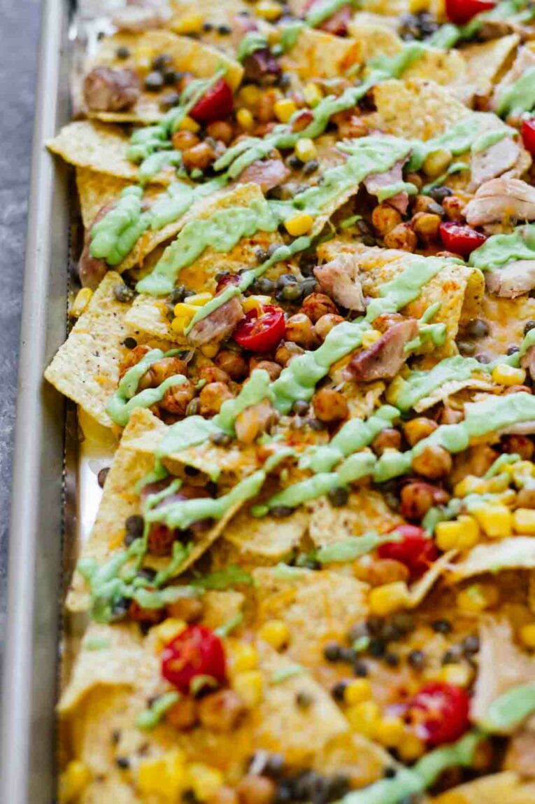 10-Minute Protein Loaded Nachos on a sheet pan.