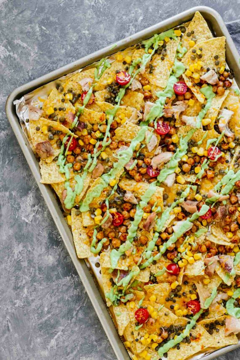10-Minute Protein Loaded Nachos in a baking tray