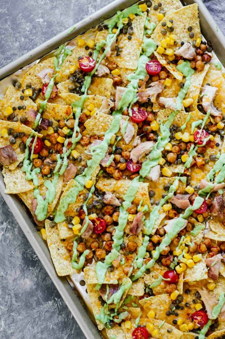 Overhead shot of Protein Loaded Nachos! 