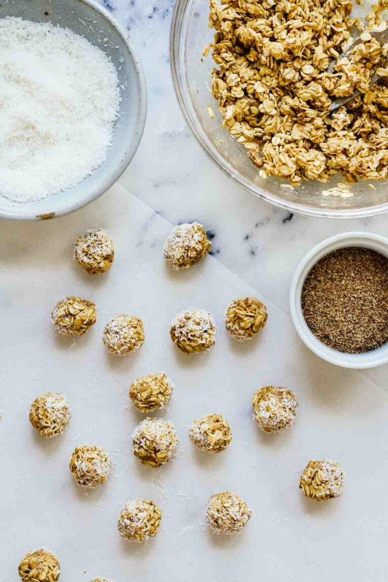 Overhead shot of Honey Oatmeal No-Bake Energy Bites made with rolled oats, honey, cashew butter, ground flaxseed, and coconut!