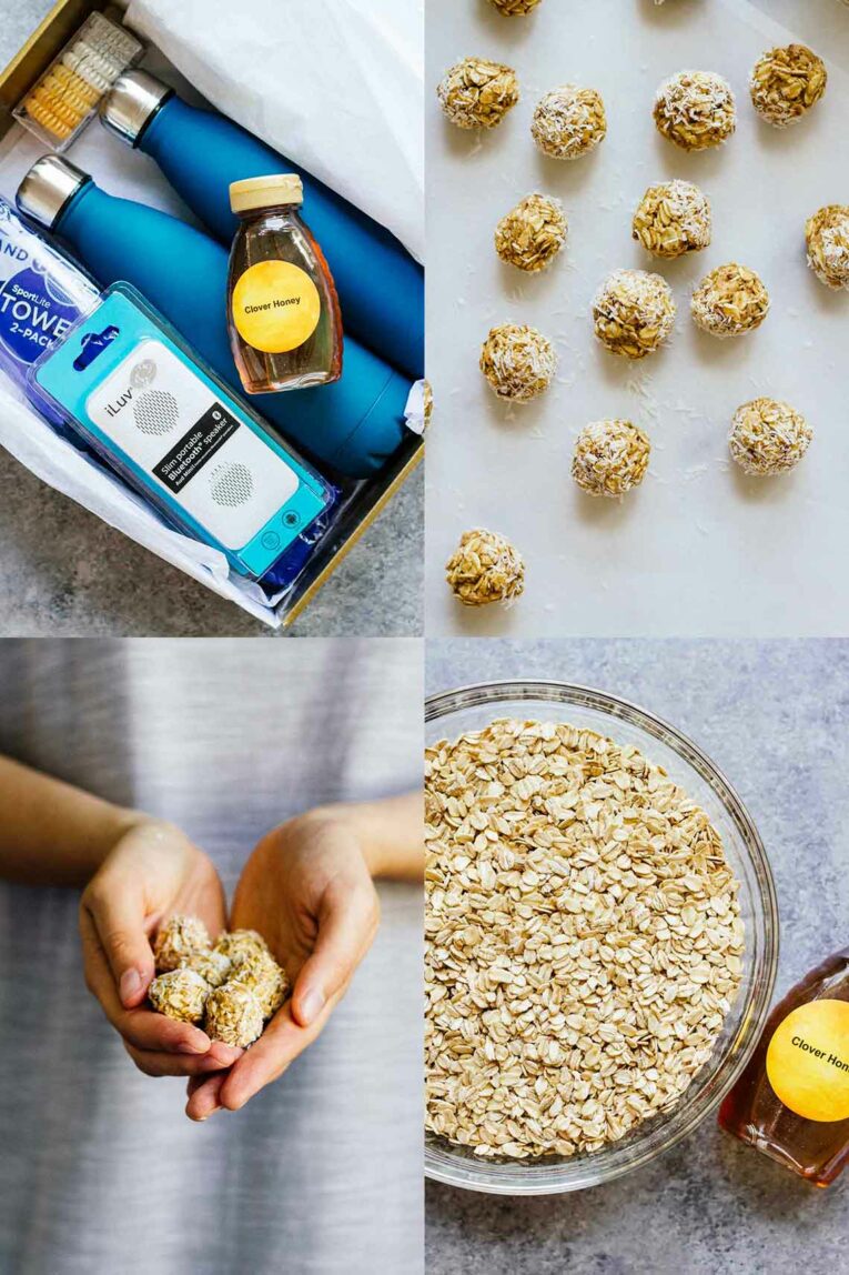 3 pictures of Honey Oatmeal No-Bake Energy Bites and picture of waterbottles with honey
