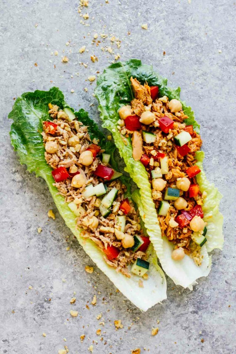 On-The-Go Tuna Lettuce Wraps sitting on a countertop.