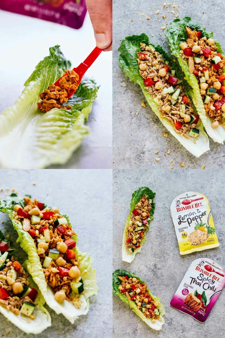 4 pictures of On-The-Go Tuna Lettuce Wraps (2 Ways) using Bumble Bee® Seasoned Tuna Pouches with Spoon!