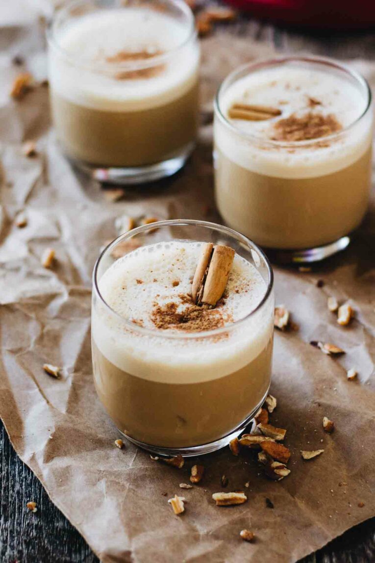 3 Maple Pecan Pie Lattes (Cold Coffee Drink) in Glasses Topped with a Cinnamon Stick