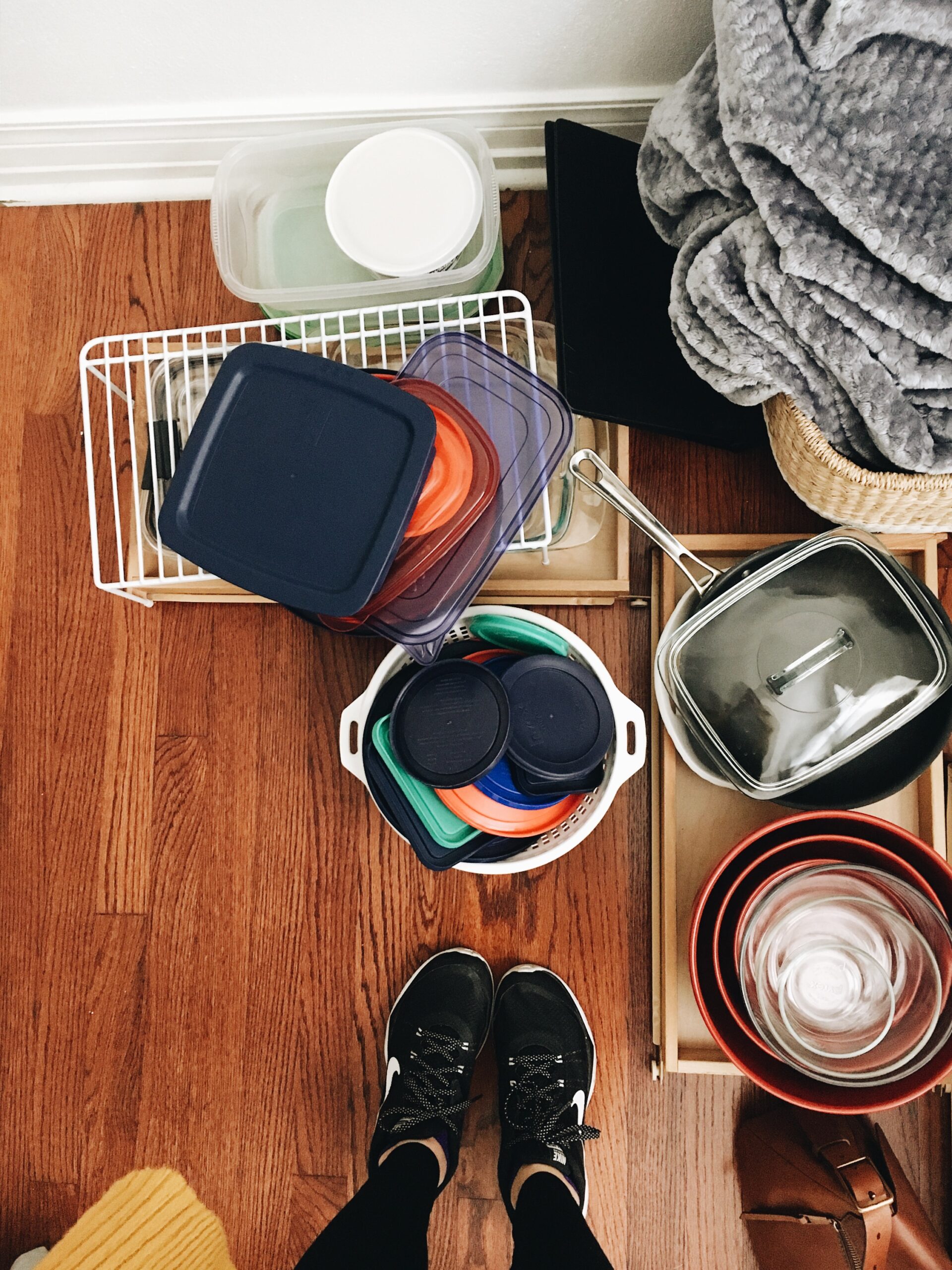 overhead shot of kitchen items on a floor
