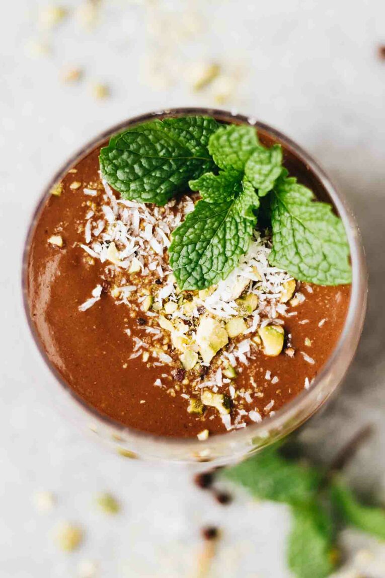 Overhead shot of Chocolate Avocado Smoothie (Vegan & Gluten Free) in a glass
