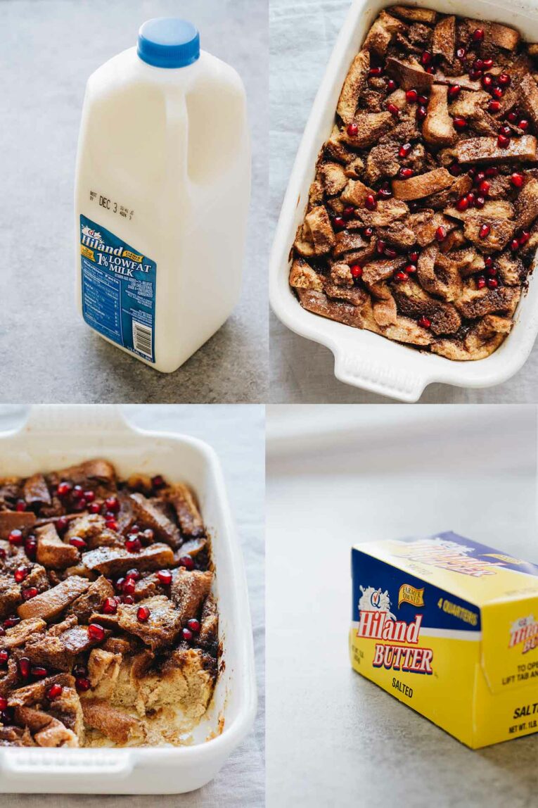 4 images of how to make the recipe for this Easy Gingerbread French Toast Bake!