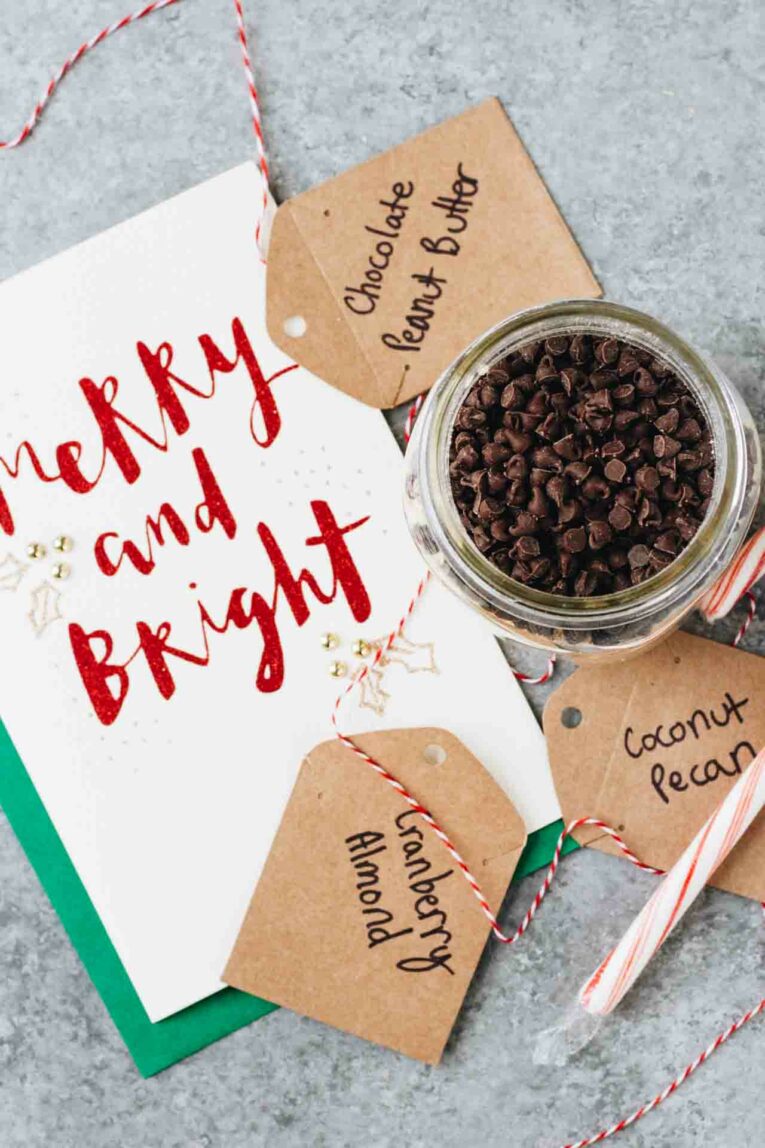  Gifts tags and  Holiday card next to jar of overnight oats