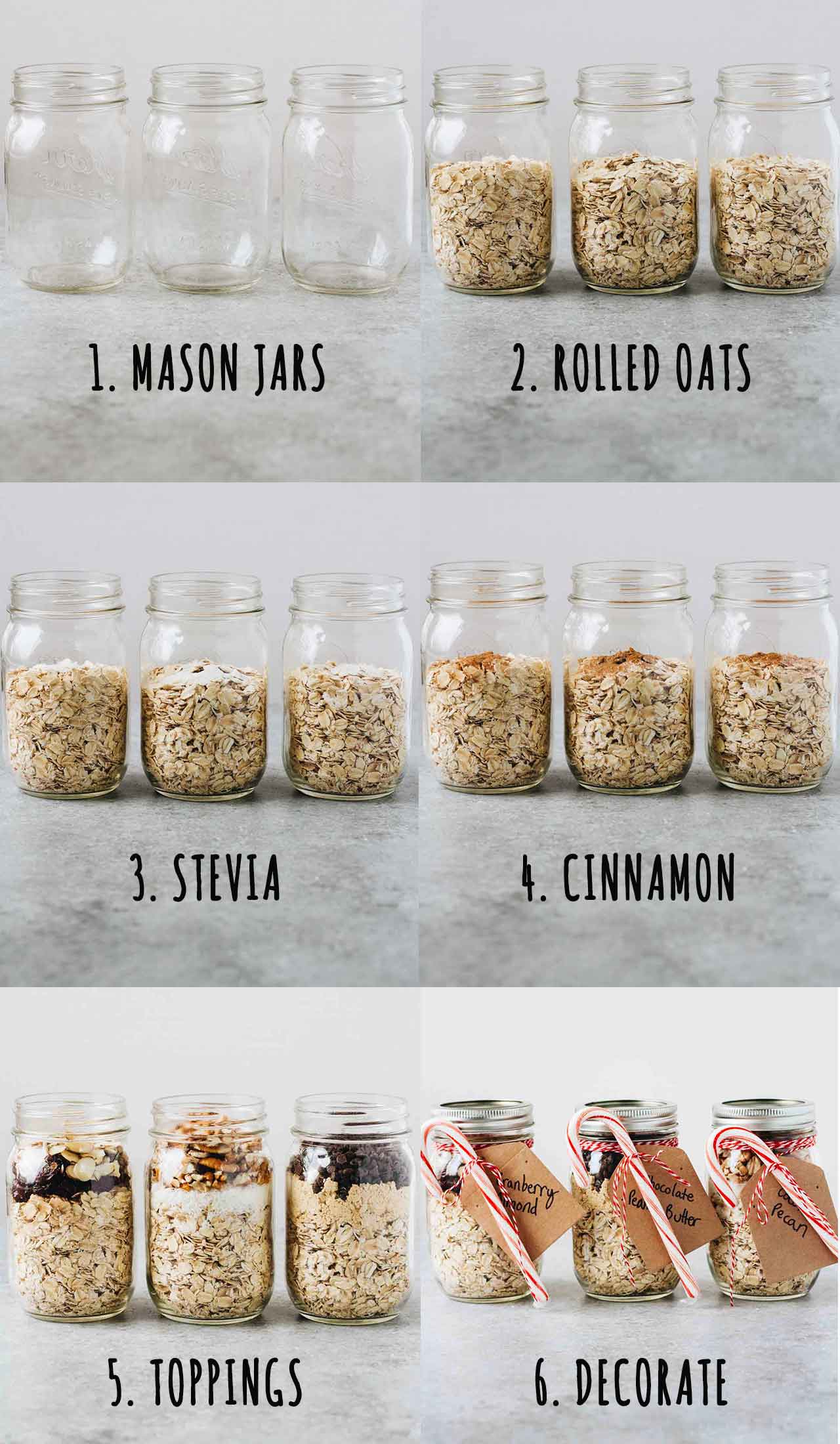 4 images of how to prepare Holiday Overnight Oats DIY Mason Jar Gifts! 