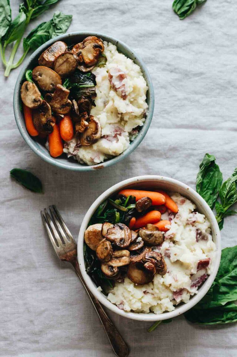 Vegan Loaded Mashed Potato Bowls served in two bowls