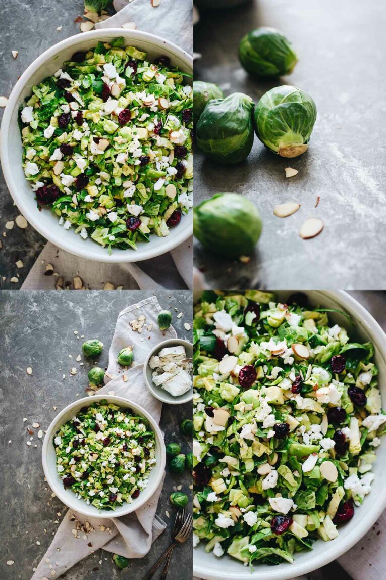 4 images of how to make Shaved Brussels Sprout Salad w/ Cranberries! 