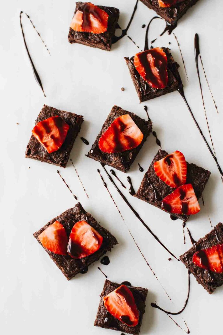 Superfood Strawberry Chocolate Brownies with chocolate syrup
