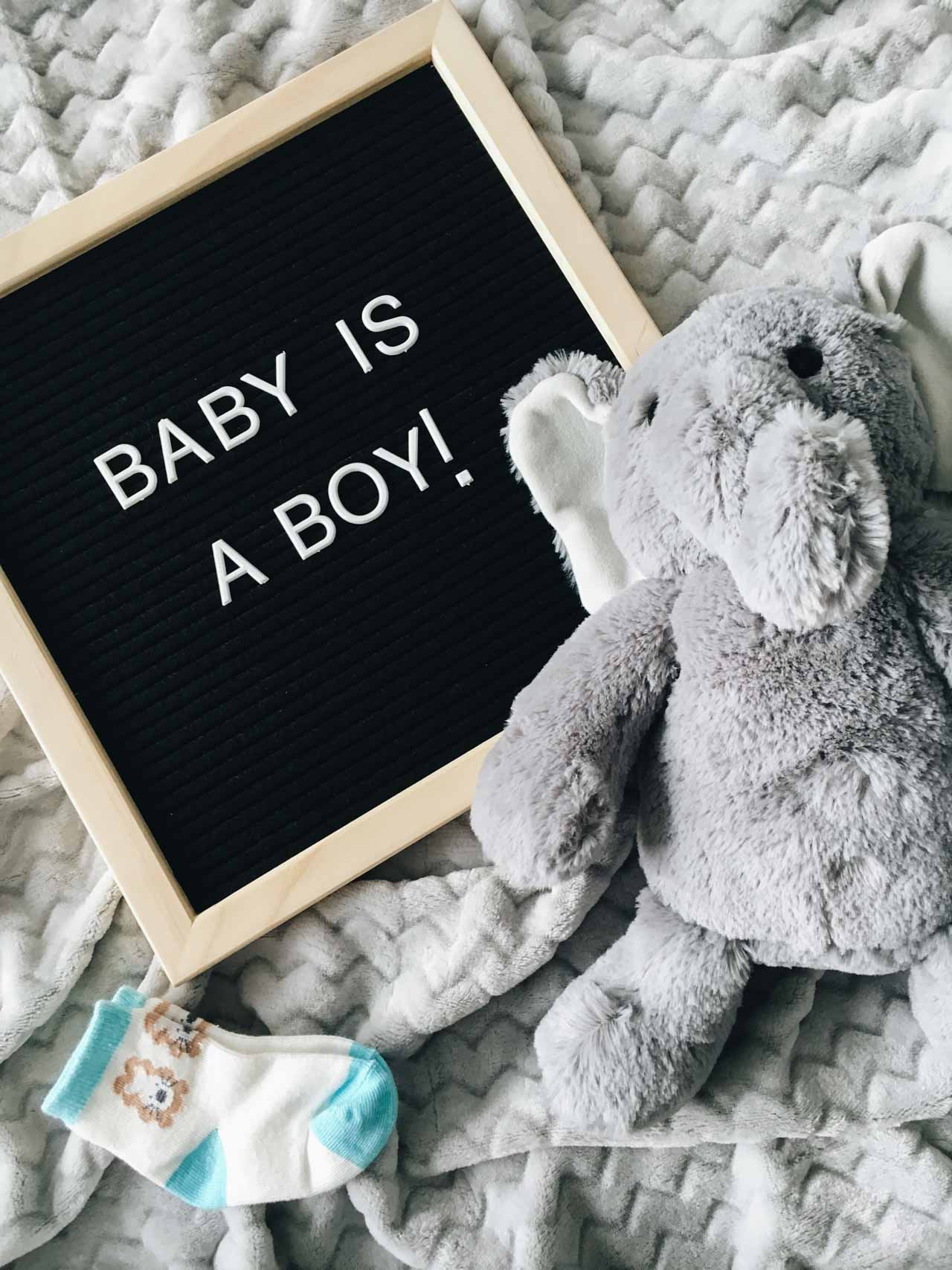 Baby is a boy text next to an elephant on a blanket.
