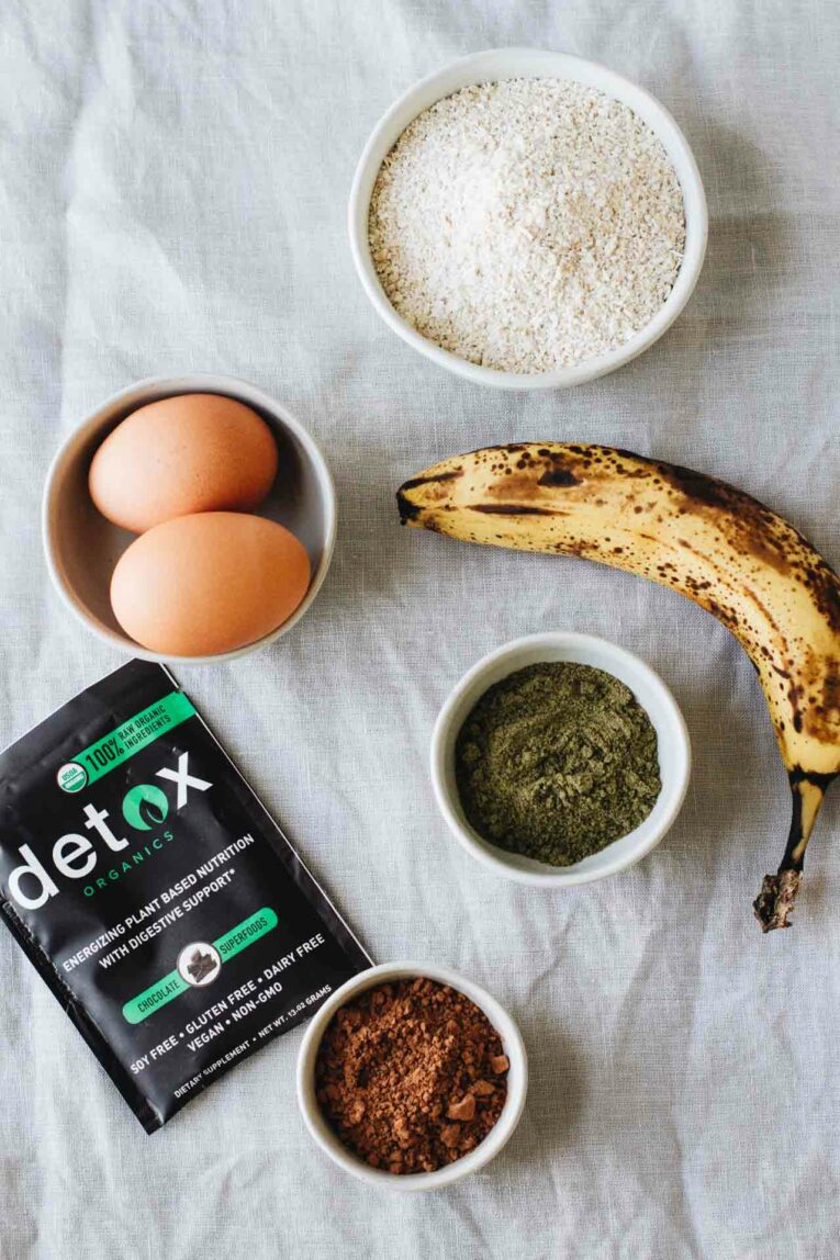 Ingredients on table for chocolate protein pancakes